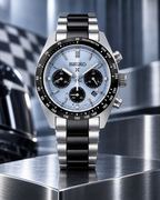Seiko Prospex Speedtimer SSC909 pale blue dial upright racing-inspired view