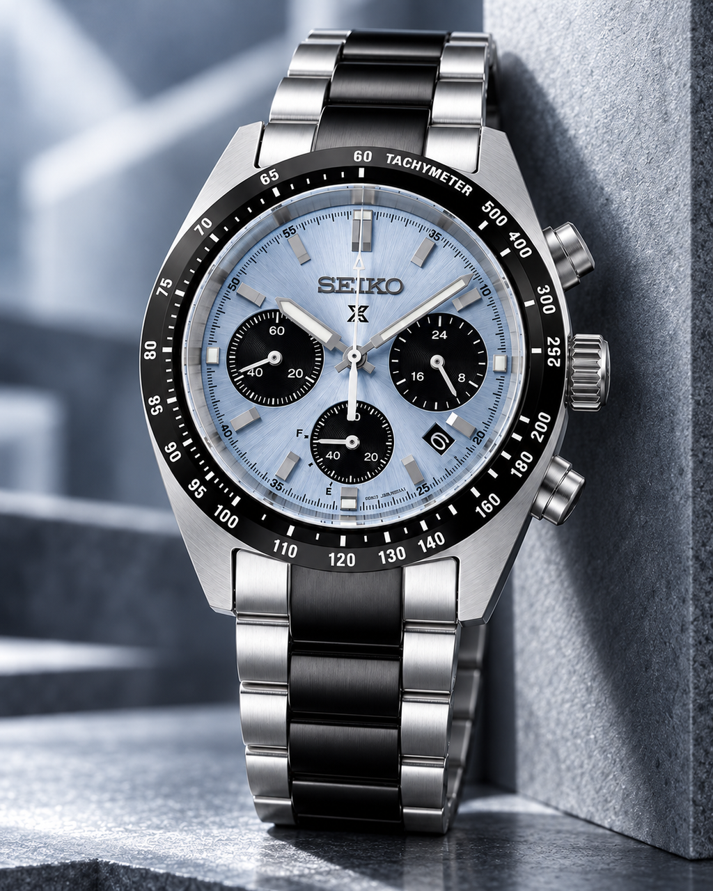 Seiko Prospex Speedtimer SSC909 pale blue dial upright ice-blue product view
