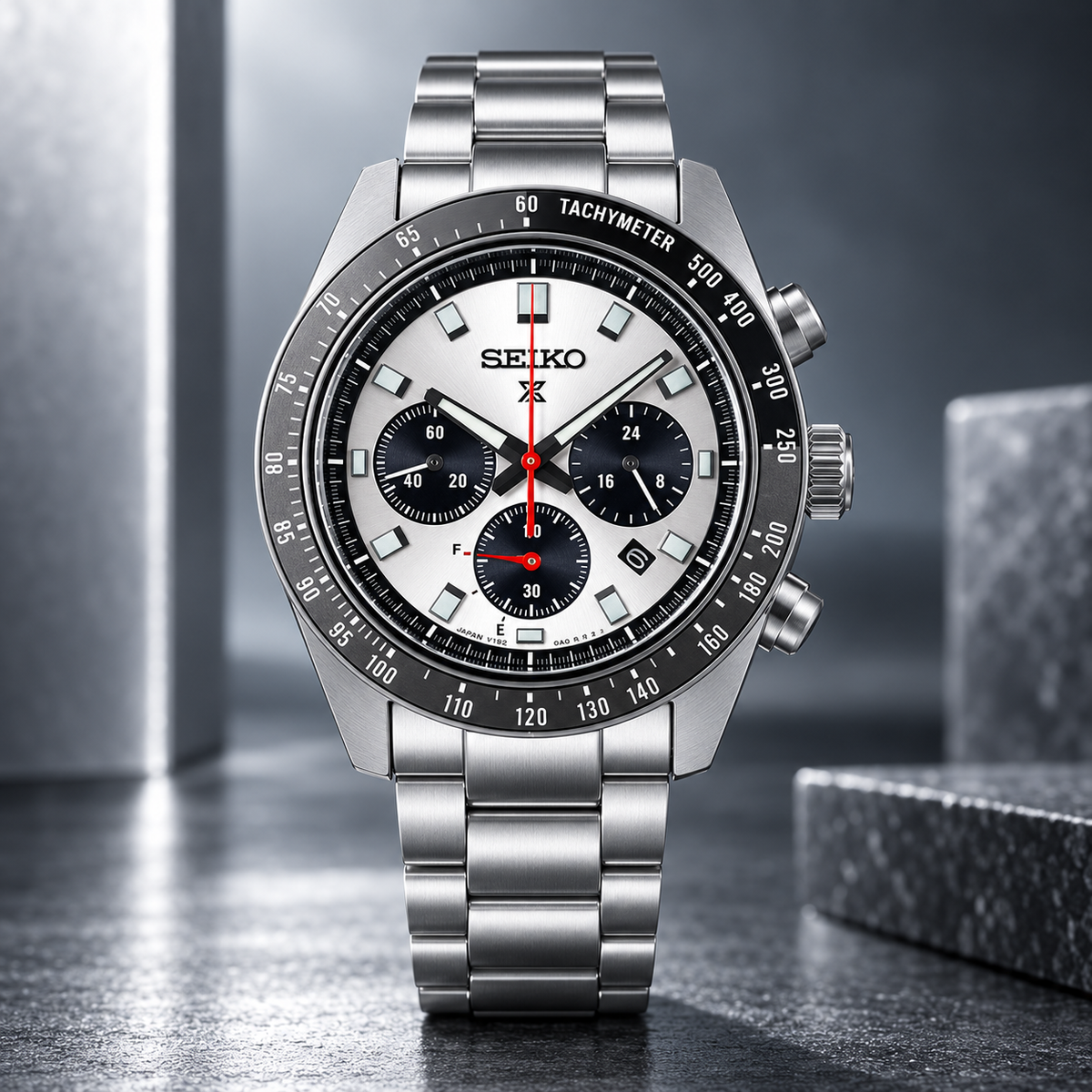 Seiko Prospex Speedtimer SSC911 white dial upright studio view