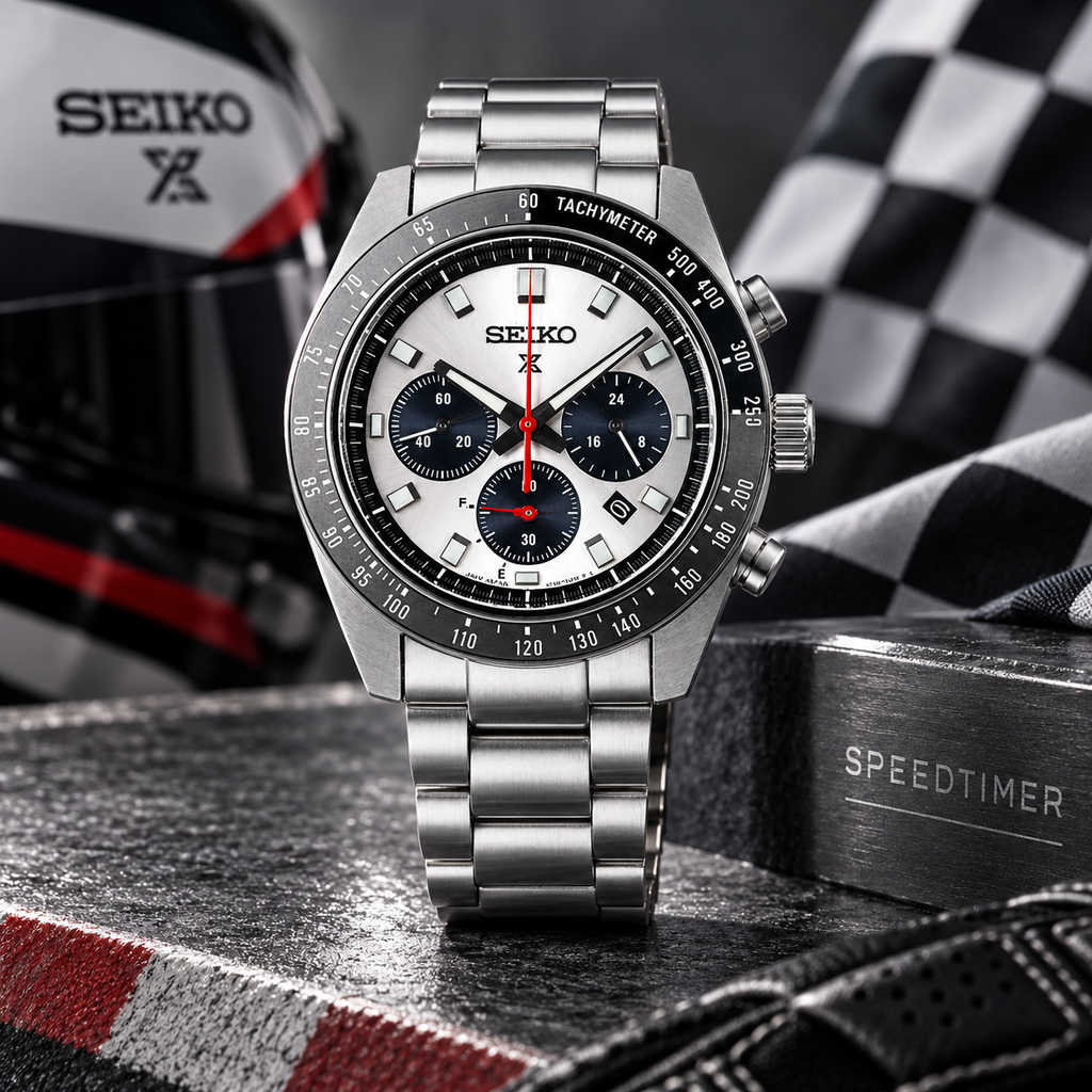 Seiko Prospex Speedtimer SSC911 white dial upright racing-inspired view