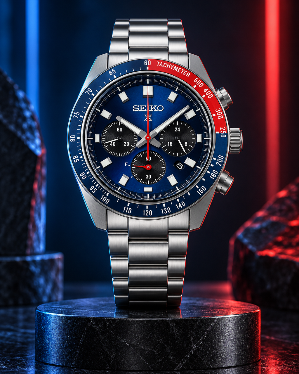 Seiko Prospex Speedtimer SSC913 blue dial cinematic upright product view