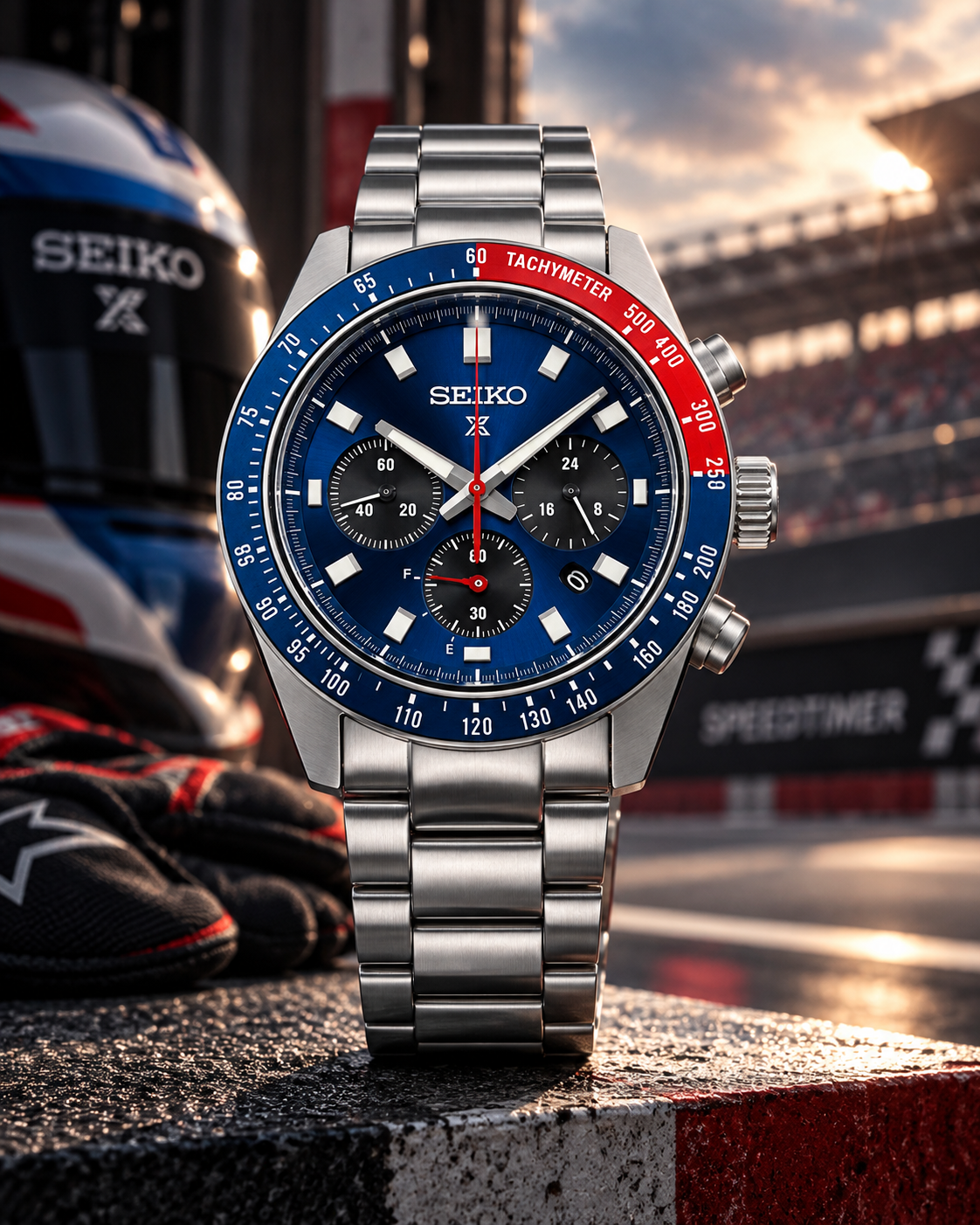 Seiko Prospex Speedtimer SSC913 blue dial motorsport-inspired upright view