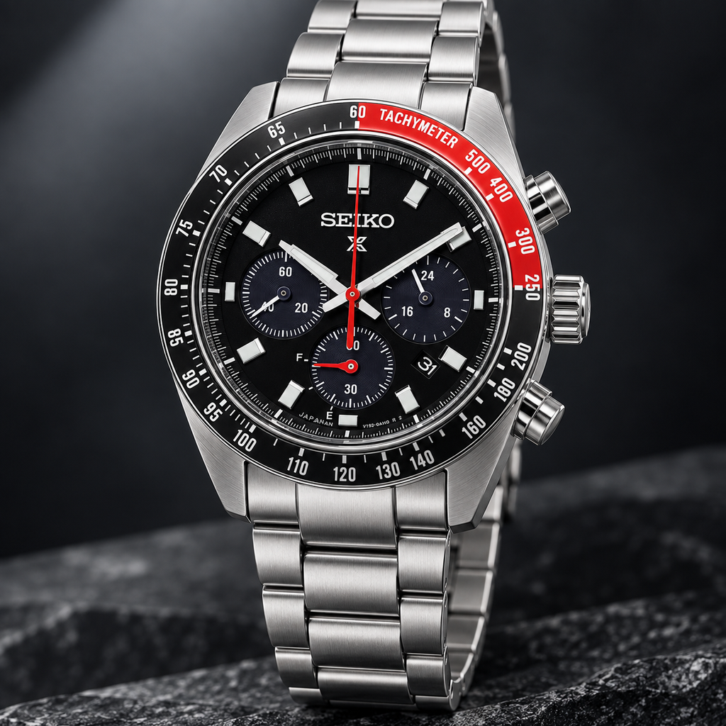 Seiko Prospex Speedtimer SSC915 black dial upright dramatic studio view