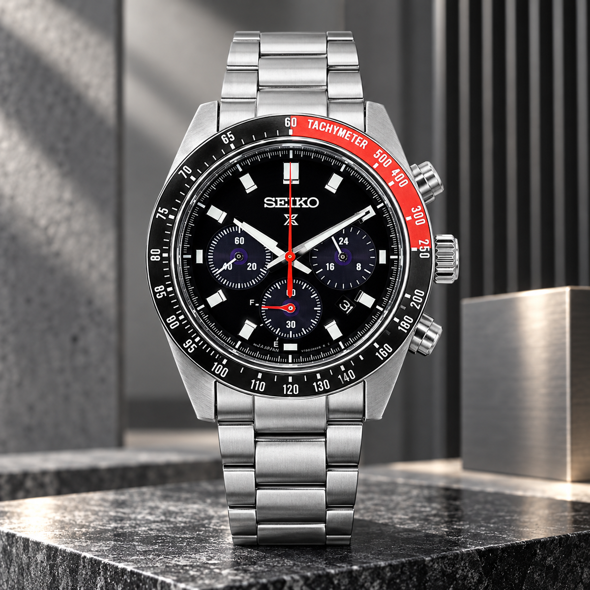 Seiko Prospex Speedtimer SSC915 black dial upright hero product view