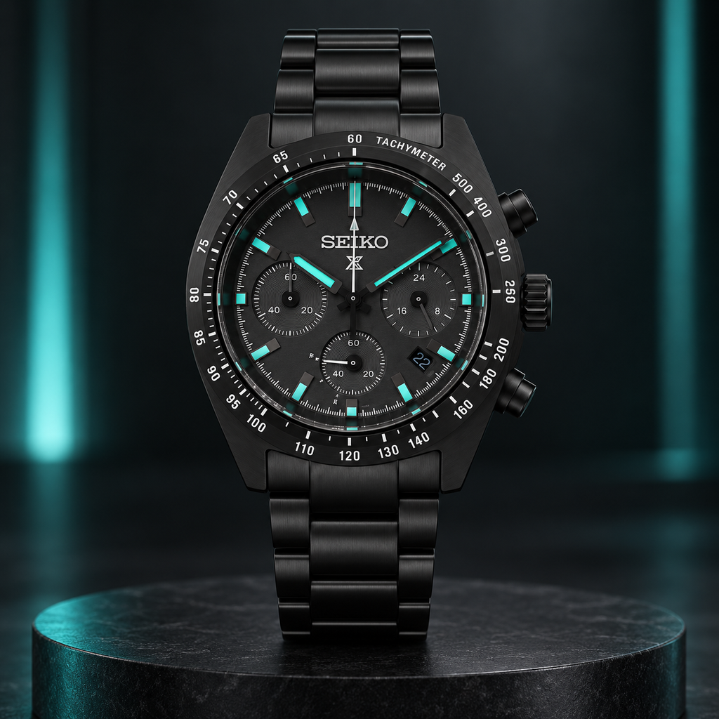 Seiko Prospex Speedtimer SSC917 The Black Series upright teal-lit studio view