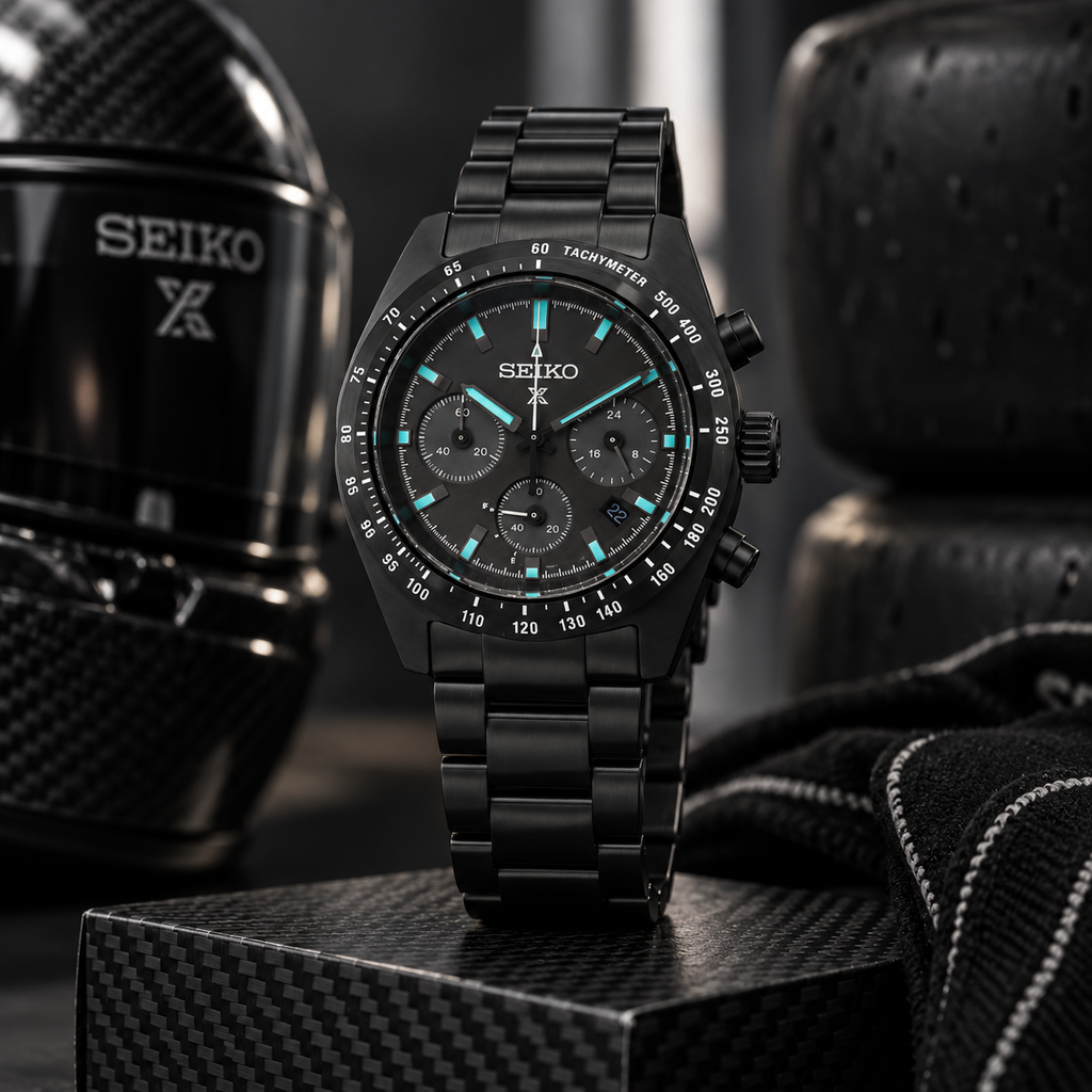 Seiko Prospex Speedtimer SSC917 The Black Series upright racing-inspired view