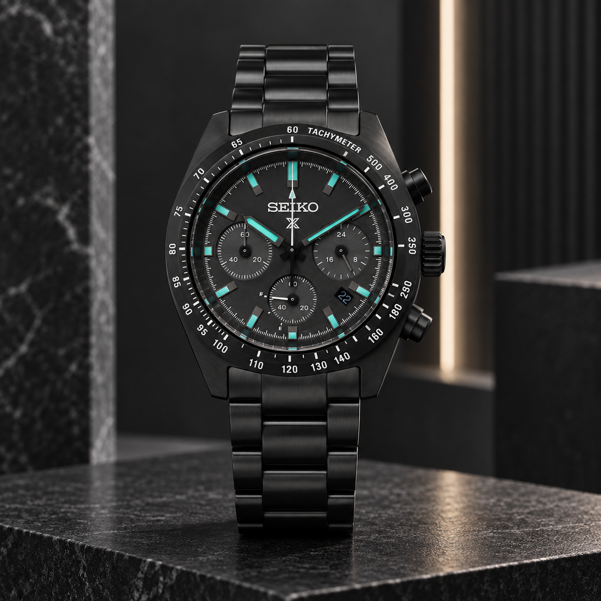 Seiko Prospex Speedtimer SSC917 The Black Series upright shadow-light product view
