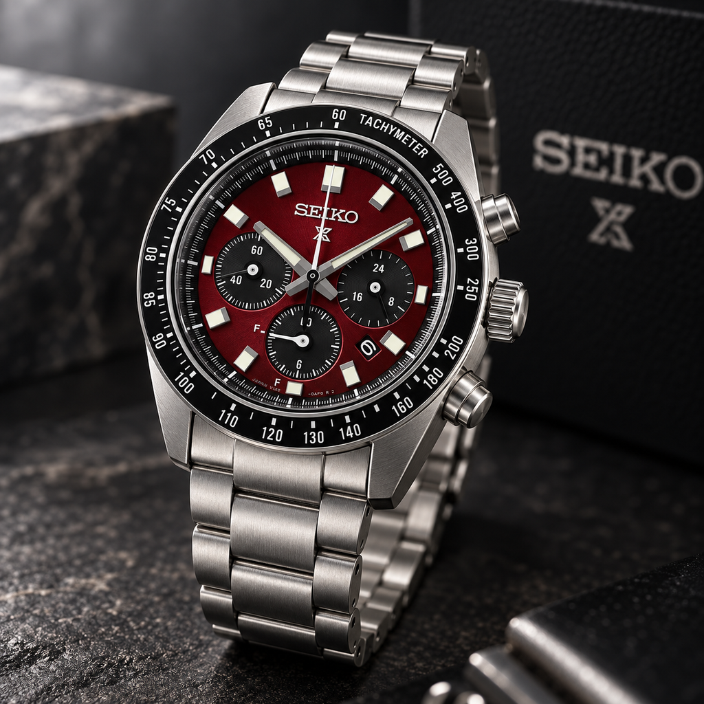 Seiko Prospex Speedtimer SSC927 red dial dark studio angled view