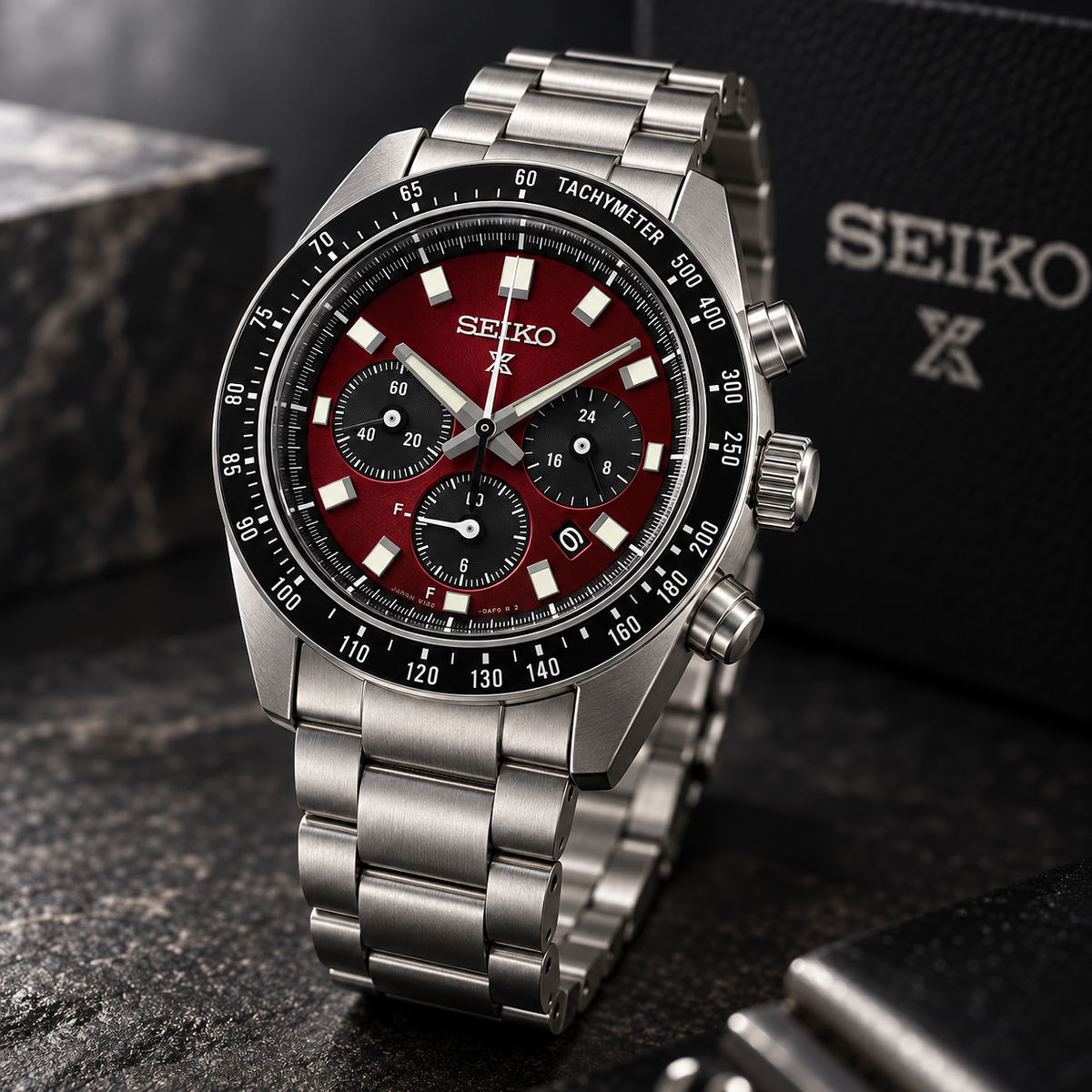 Seiko Prospex Speedtimer SSC927 red dial dark studio angled view