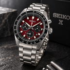 Seiko Prospex Speedtimer SSC927 red dial dark studio angled view