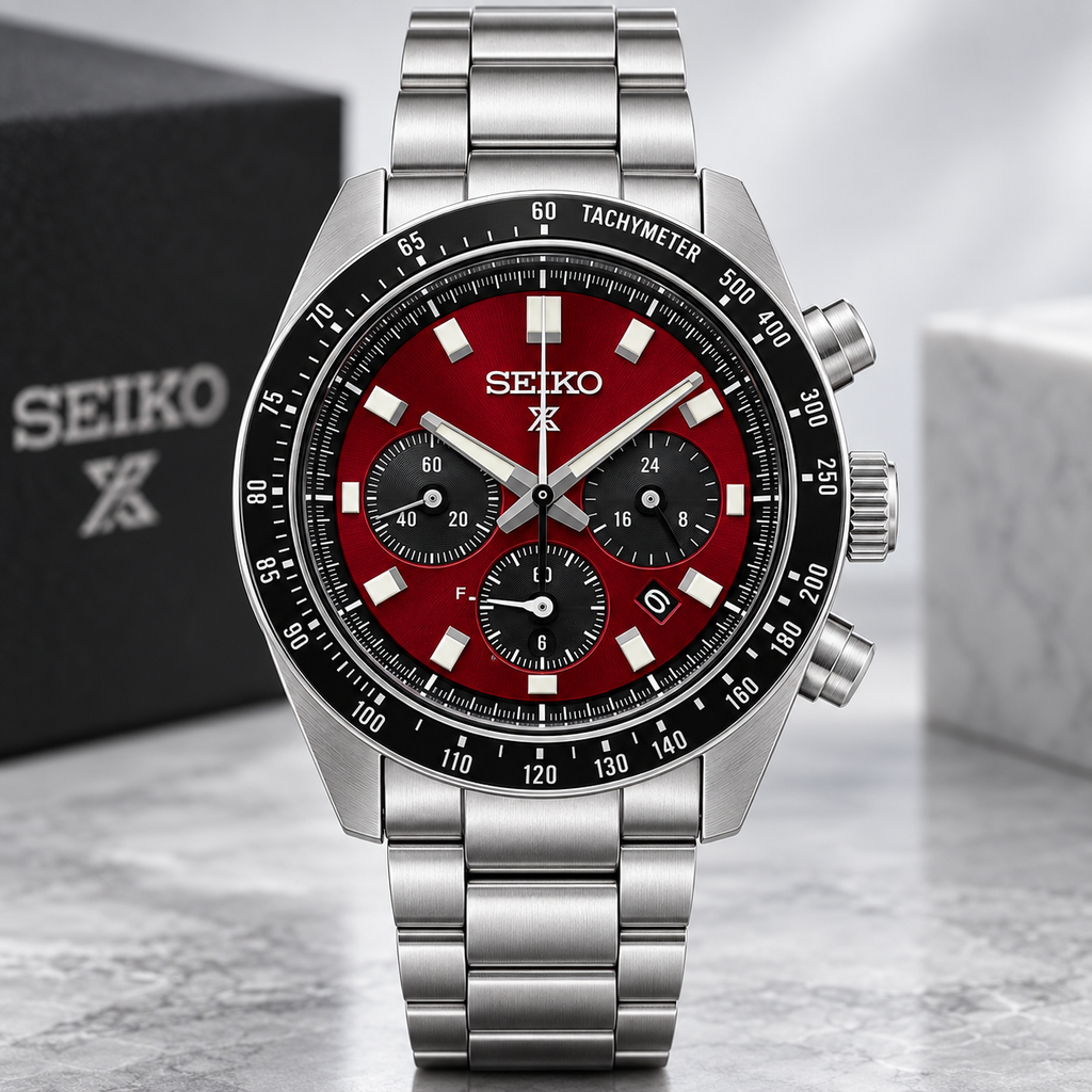 Seiko Prospex Speedtimer SSC927 red dial studio product view