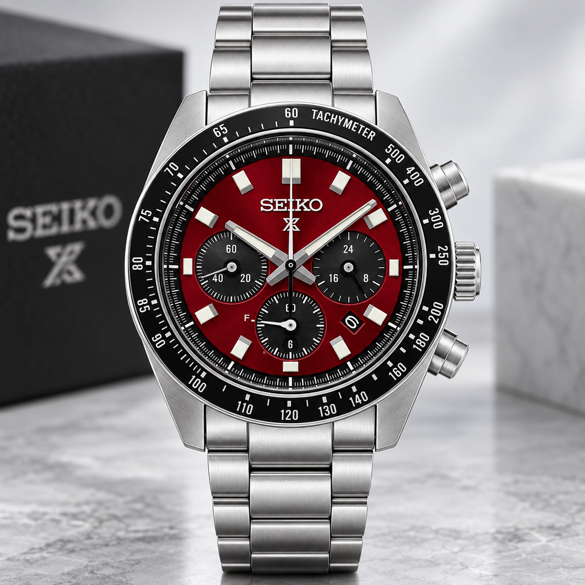 Seiko Prospex Speedtimer SSC927 red dial studio product view