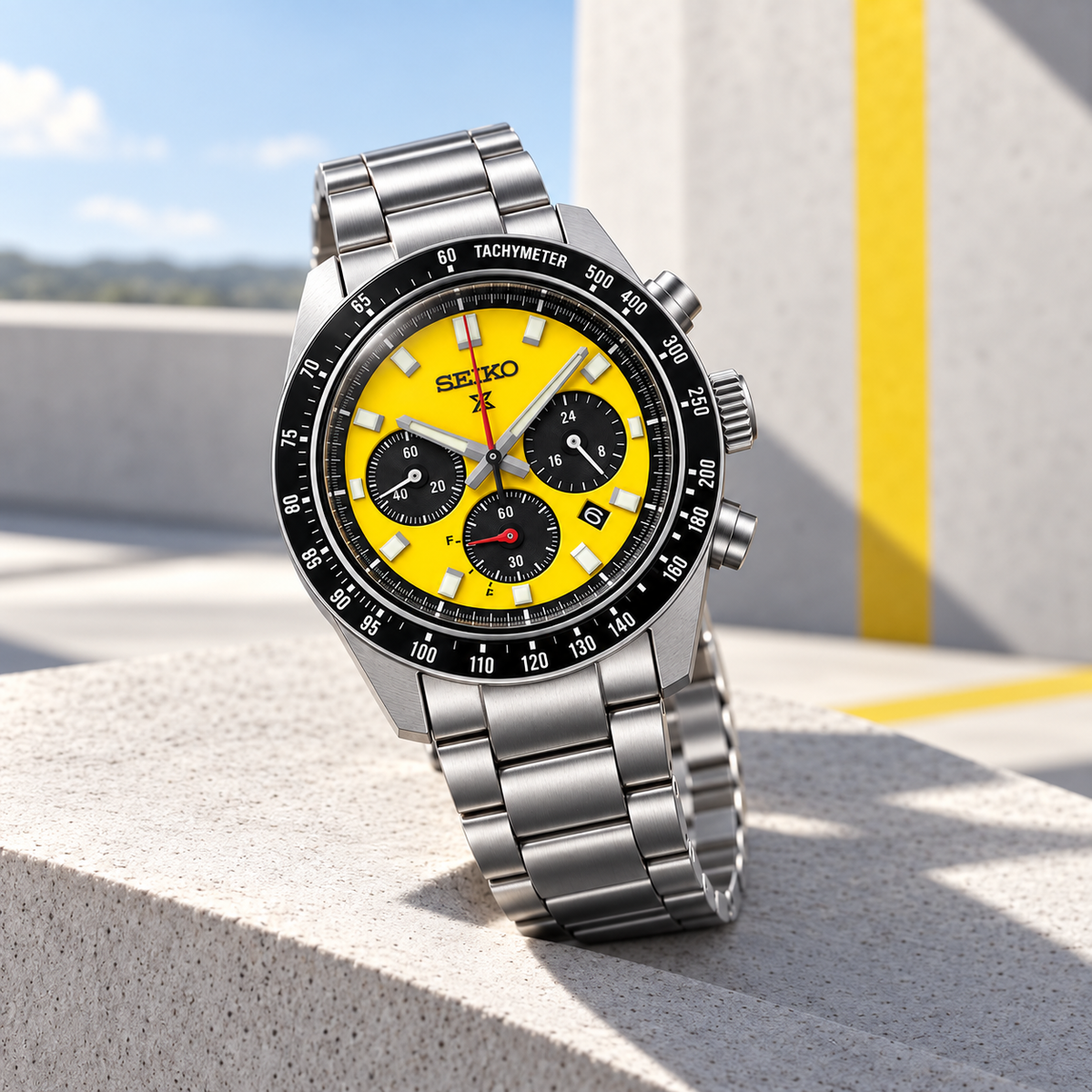 Seiko Prospex Speedtimer SSC929 yellow dial sunlit architectural product view