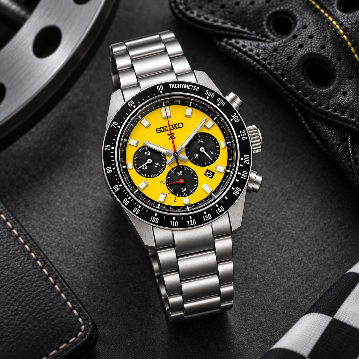 Seiko Prospex Speedtimer SSC929 yellow dial racing-inspired still life