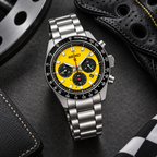 Seiko Prospex Speedtimer SSC929 yellow dial racing-inspired still life