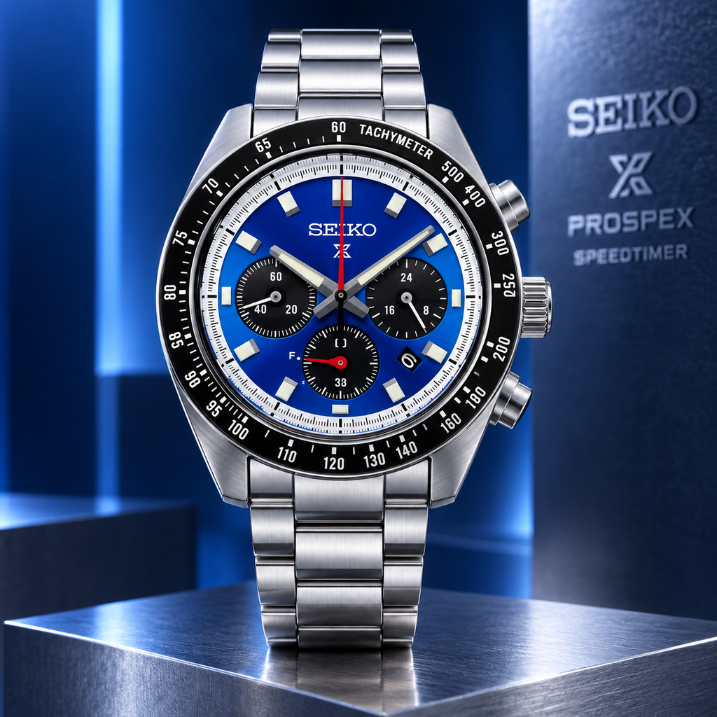 Seiko Prospex Speedtimer SSC931 vivid blue dial upright studio view