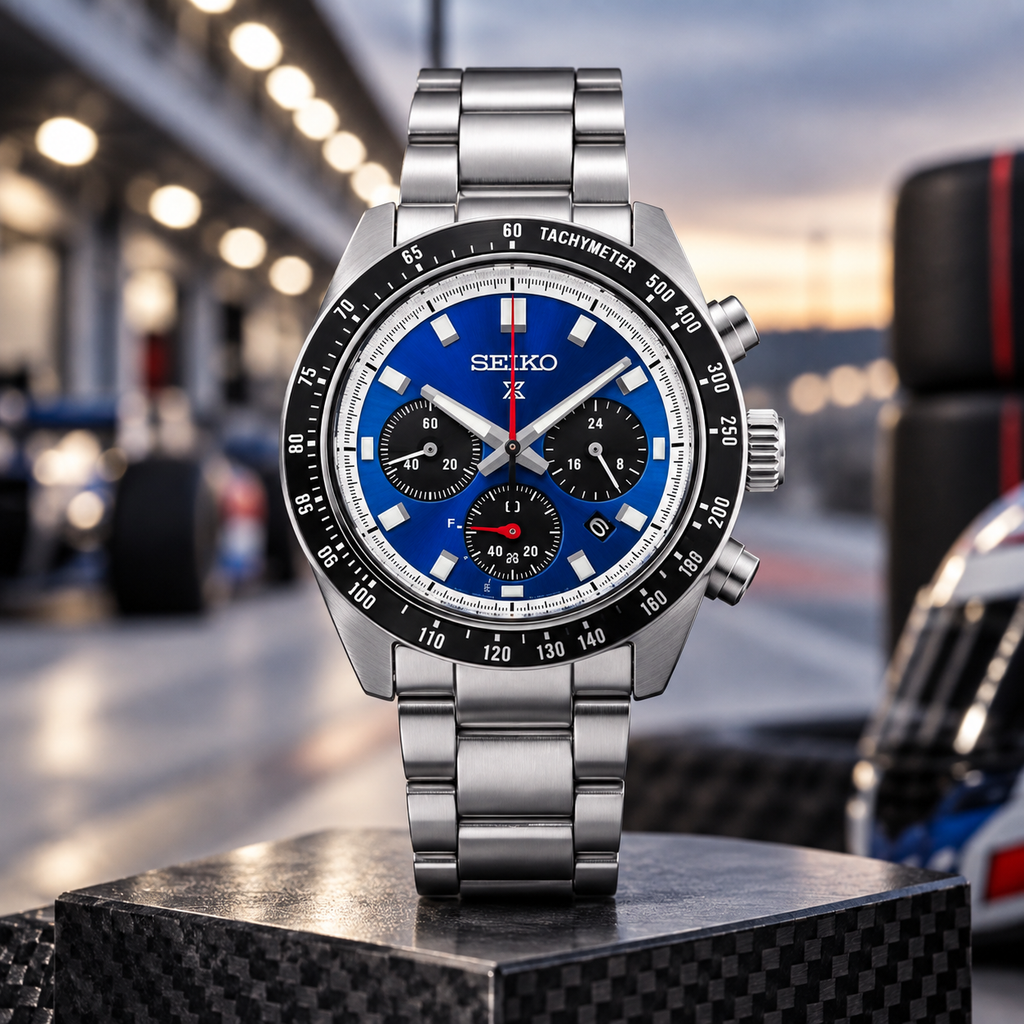 Seiko Prospex Speedtimer SSC931 vivid blue dial upright racing-inspired view