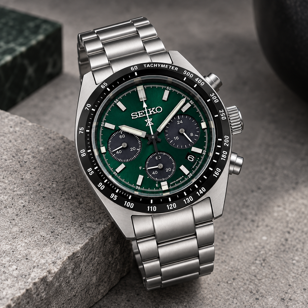 Seiko Prospex Speedtimer SSC933 green dial angled product view on stone