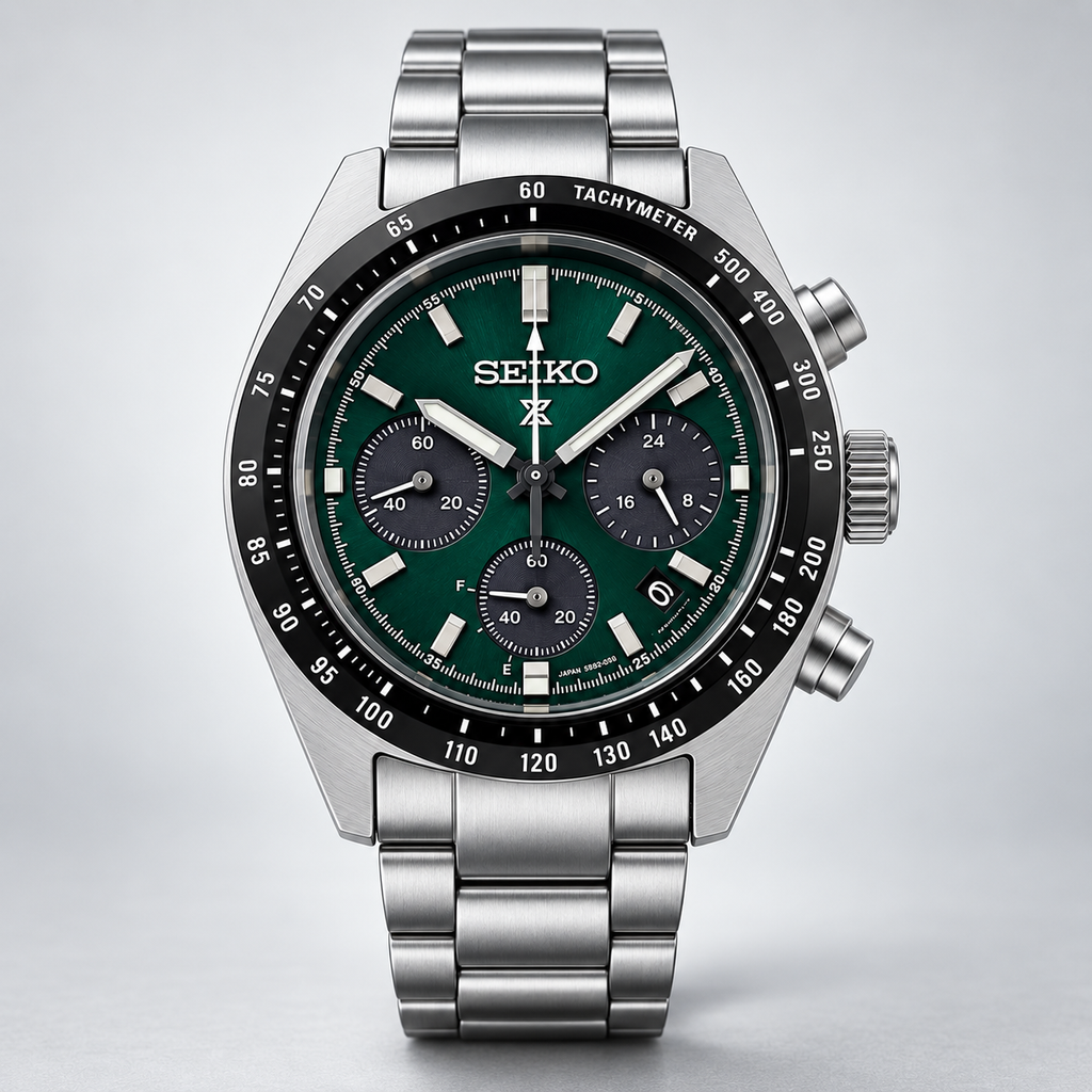 Seiko Prospex Speedtimer SSC933 green dial dark studio angled view