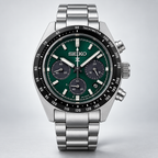 Seiko Prospex Speedtimer SSC933 green dial dark studio angled view