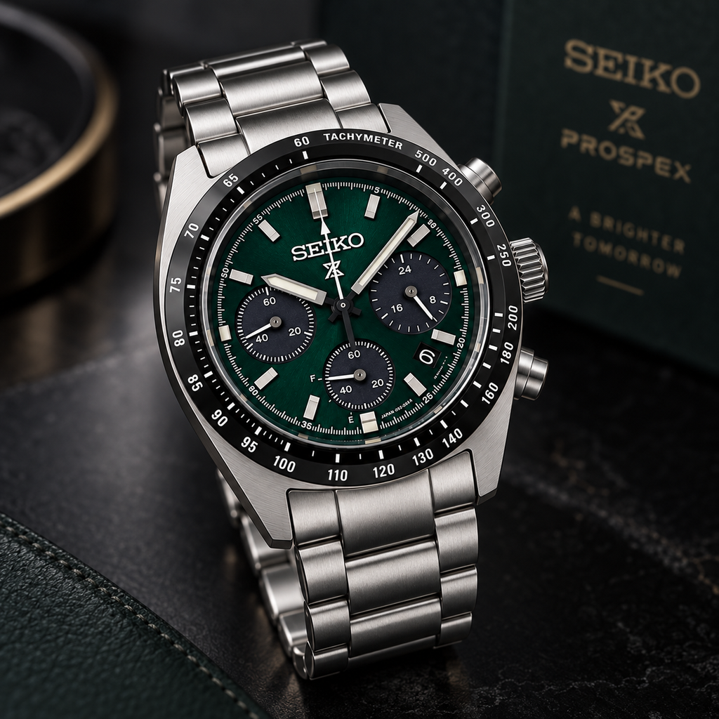 Seiko Prospex Speedtimer SSC933 green dial studio product view