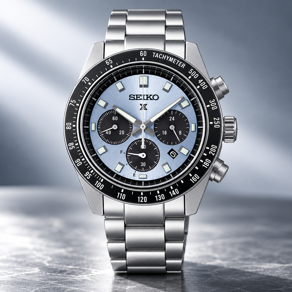 Seiko Prospex Speedtimer SSC935 pale blue dial upright cool-marble product view