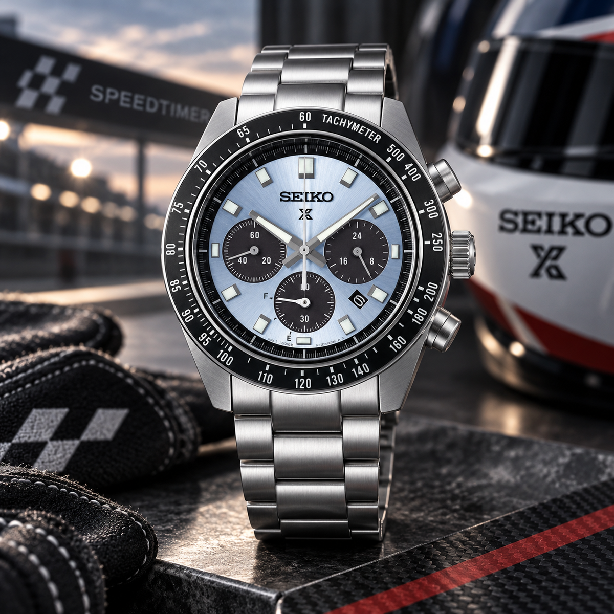 Seiko Prospex Speedtimer SSC935 pale blue dial motorsport-inspired upright view