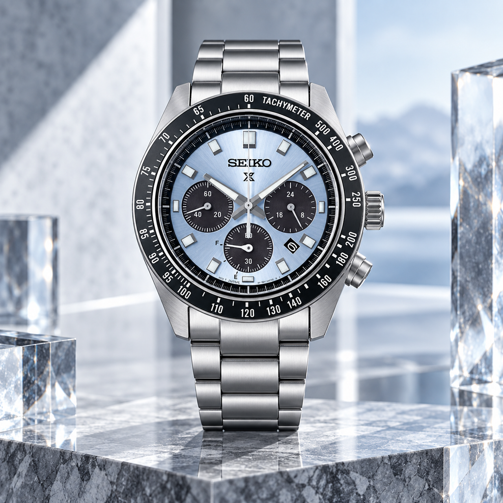 Seiko Prospex Speedtimer SSC935 pale blue dial upright icy studio view