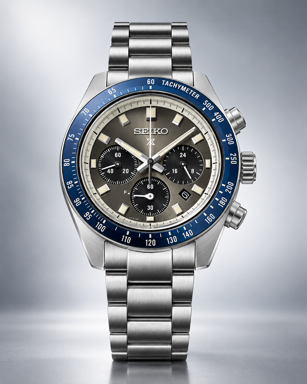 Seiko Prospex Speedtimer SSC939 gray dial blue bezel upright studio view