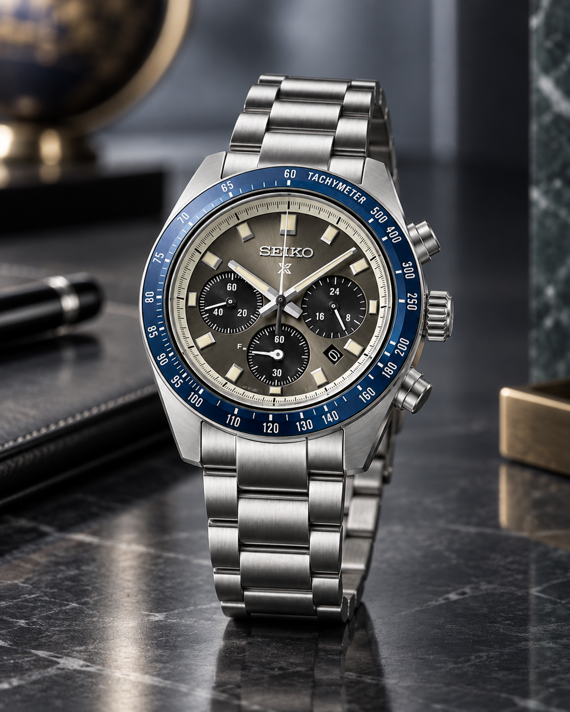 Seiko Prospex Speedtimer SSC939 gray dial blue bezel executive product view