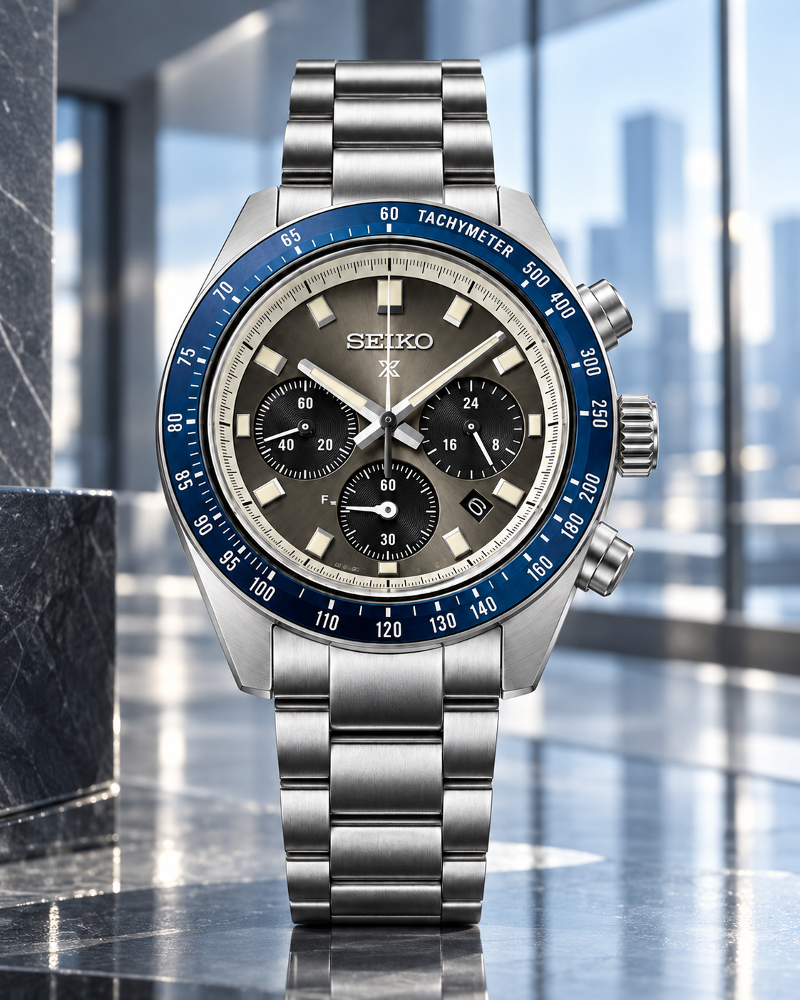 Seiko Prospex Speedtimer SSC939 gray dial blue bezel modern glass interior view