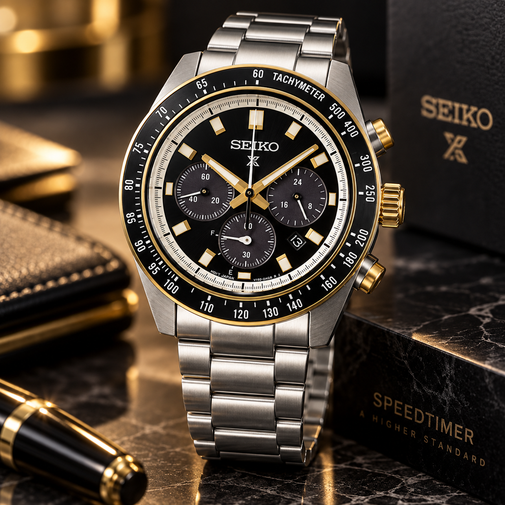 Seiko Prospex Speedtimer SSC941 black dial gold accents upright luxury product view