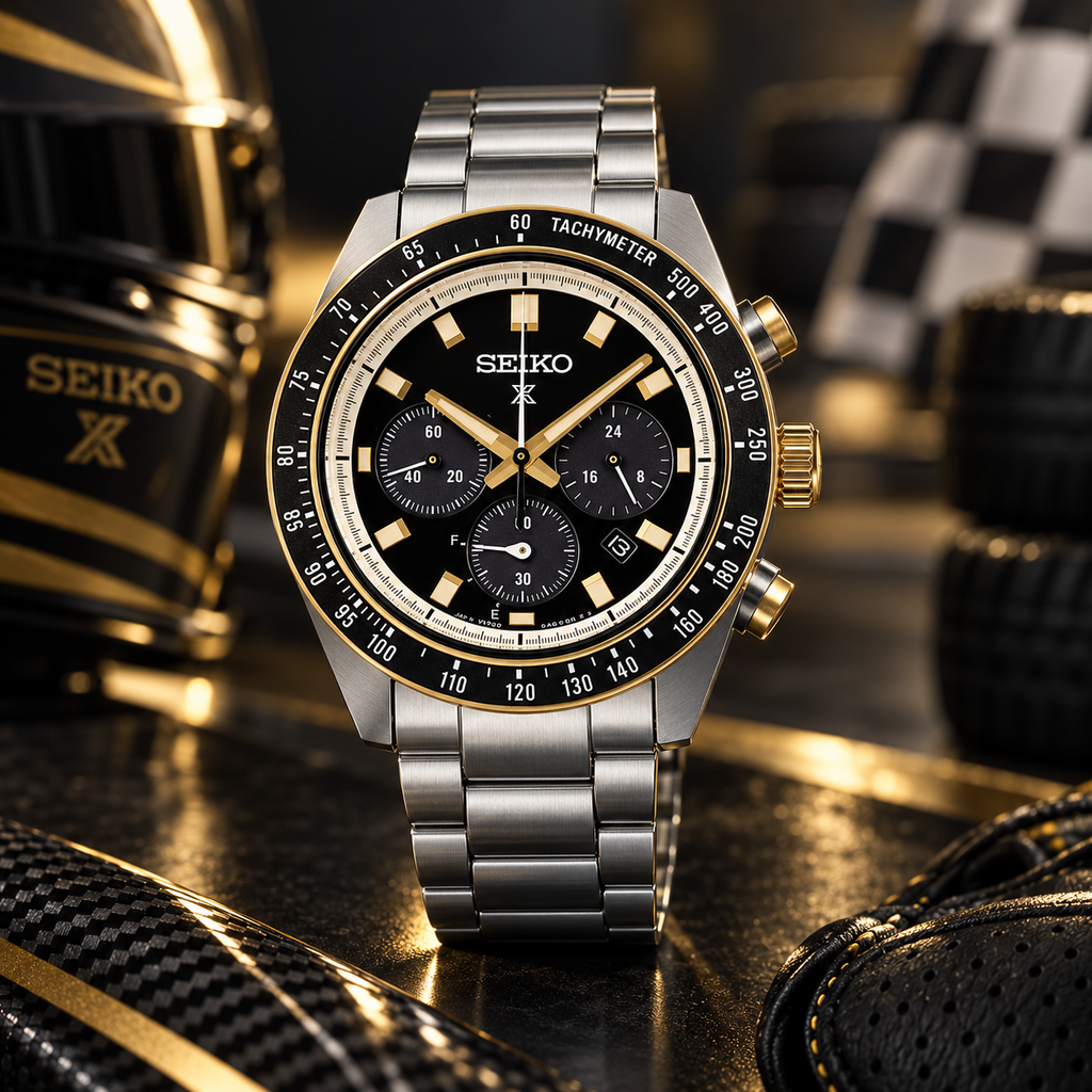 Seiko Prospex Speedtimer SSC941 black dial gold accents racing-luxe upright view