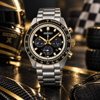 Seiko Prospex Speedtimer SSC941 black dial gold accents racing-luxe upright view