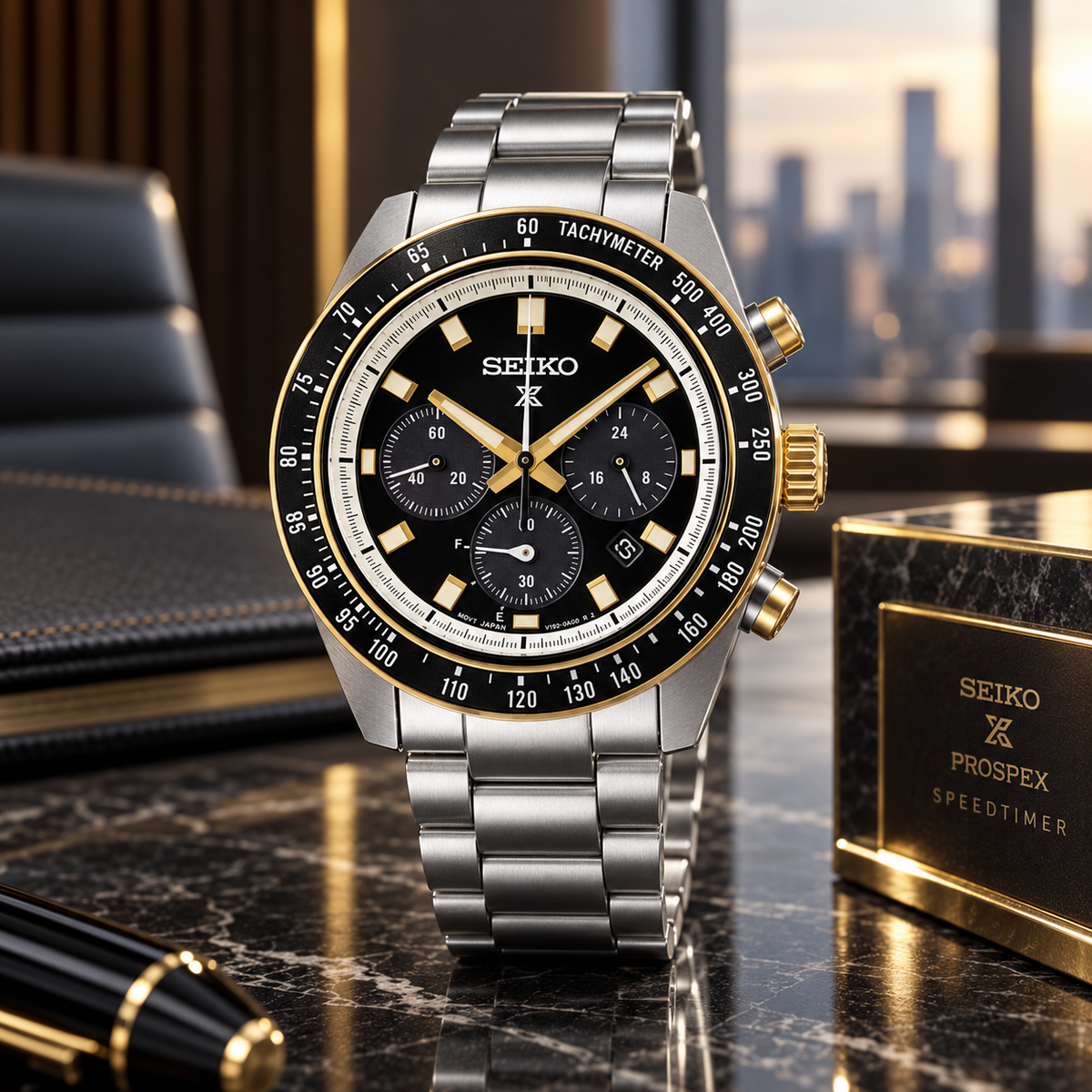 Seiko Prospex Speedtimer SSC941 black dial gold accents executive boardroom product view