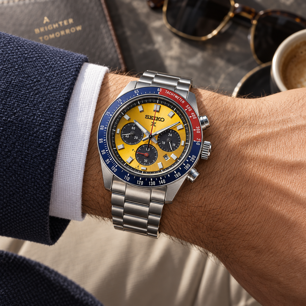 Seiko Prospex Speedtimer SSC947 solar chronograph yellow dial on wrist