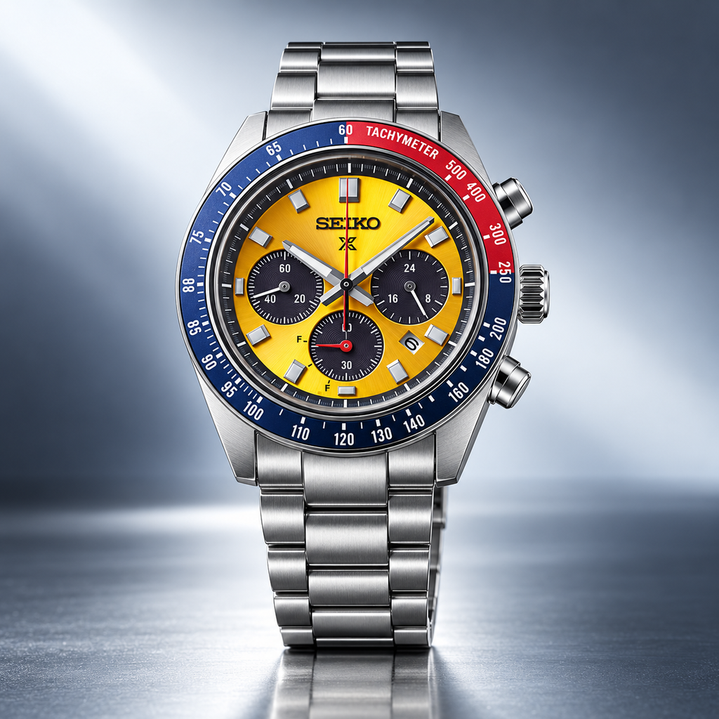 Seiko Prospex Speedtimer SSC947 yellow dial red blue tachymeter studio product view