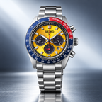 Seiko Prospex Speedtimer SSC947 yellow dial red blue tachymeter studio product view