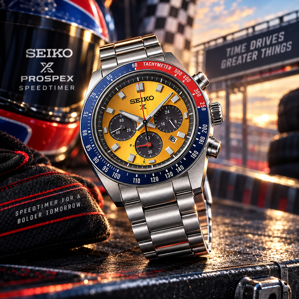Seiko Prospex Speedtimer SSC947 yellow dial motorsport inspired product view