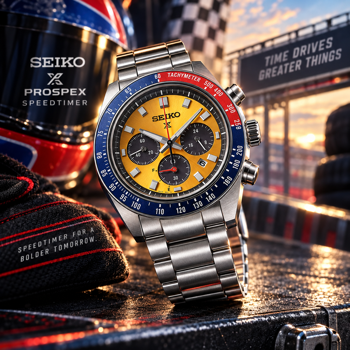 Seiko Prospex Speedtimer SSC947 yellow dial motorsport inspired product view