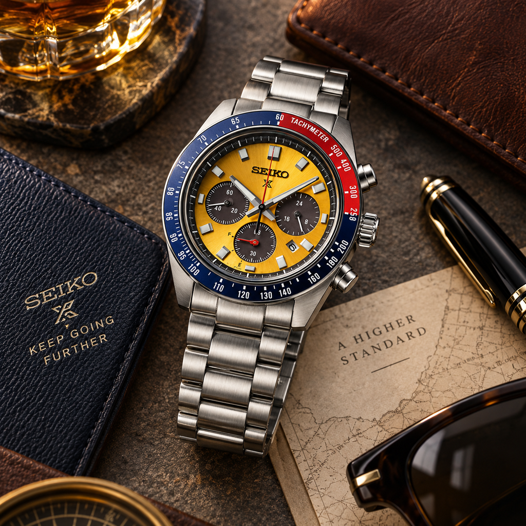 Seiko Prospex Speedtimer SSC947 yellow dial luxury lifestyle product view