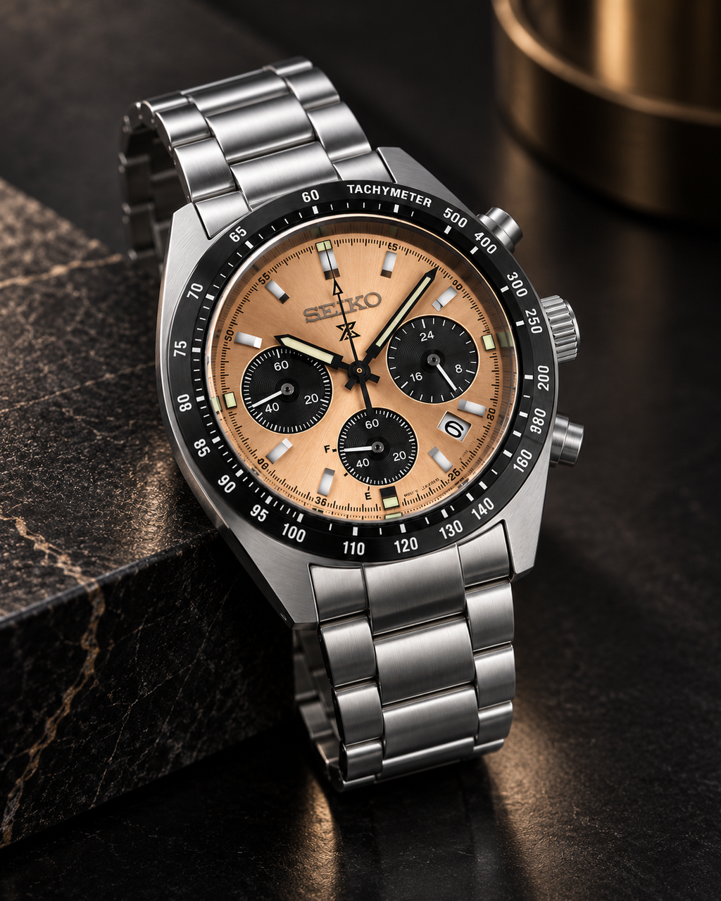 Seiko Prospex Speedtimer SSC951P1 salmon dial moody studio angled view