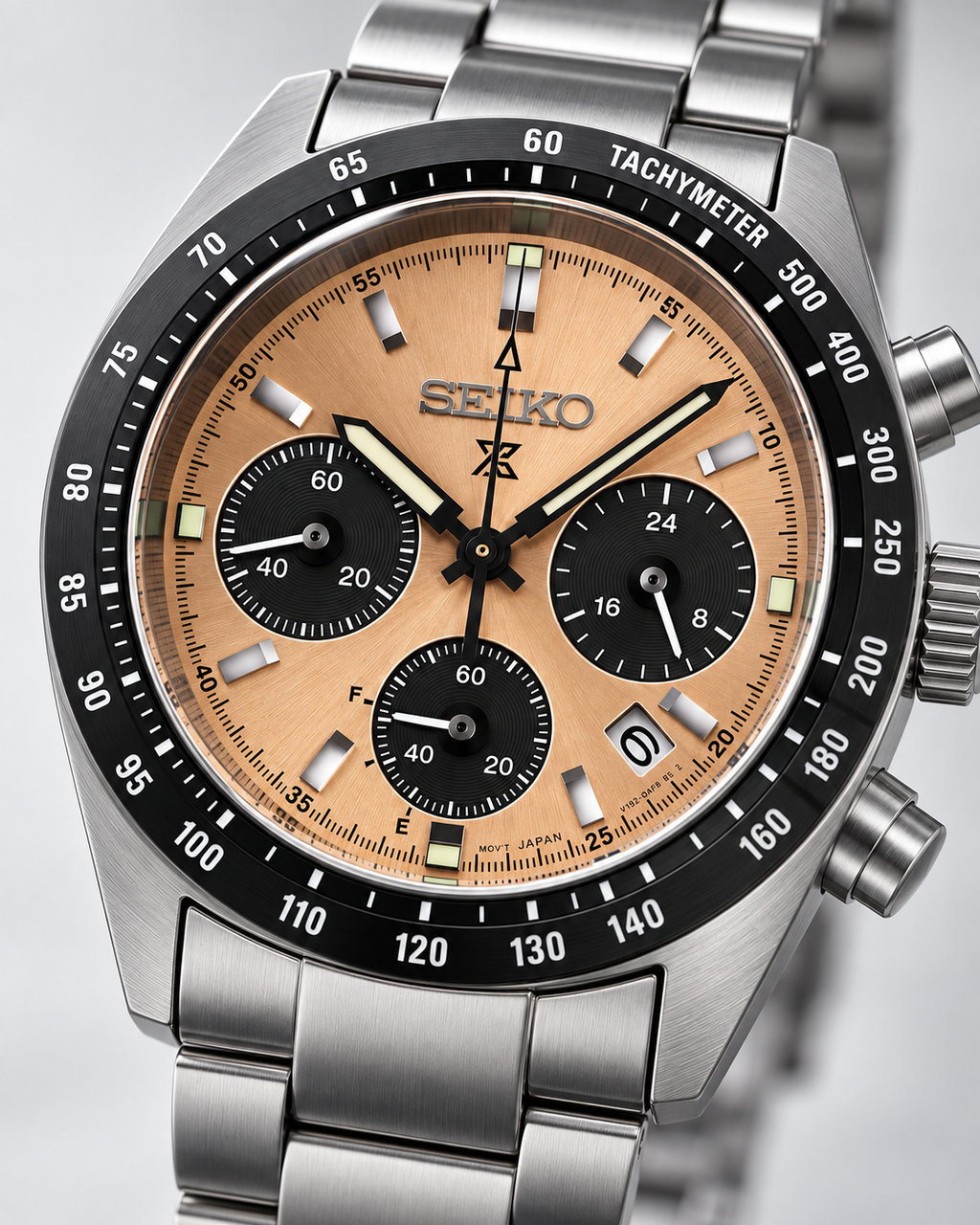 Seiko Prospex Speedtimer SSC951P1 salmon dial studio close-up