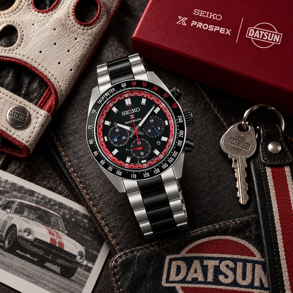 Seiko Prospex Speedtimer SSC957 Datsun 240Z racing heritage flat lay
