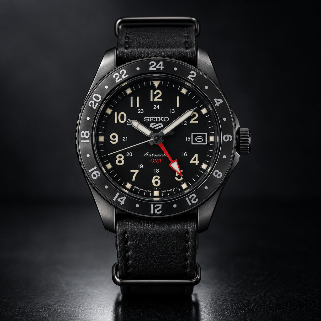 Seiko 5 Sports Field GMT SSK025K1 black dial studio product view