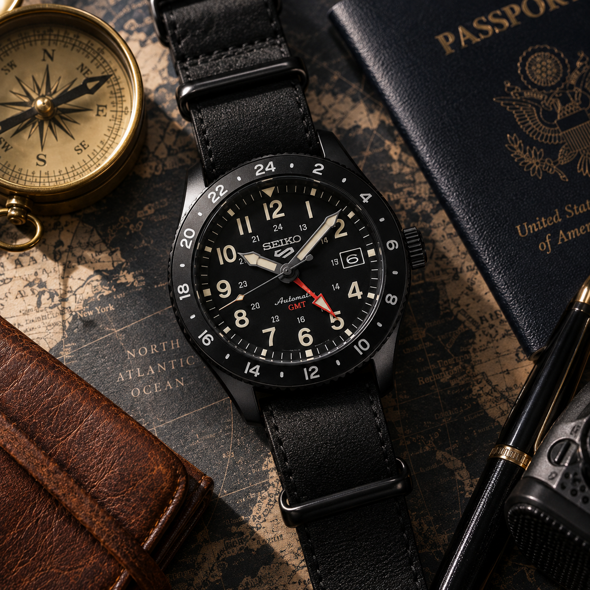 Seiko 5 Sports Field GMT SSK025K1 travel flat lay product view