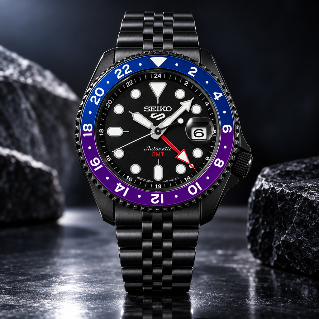 Seiko 5 Sports GMT SSK027K1 black dial blue purple bezel studio product view