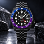 Seiko 5 Sports GMT SSK027K1 black dial blue purple bezel studio product view