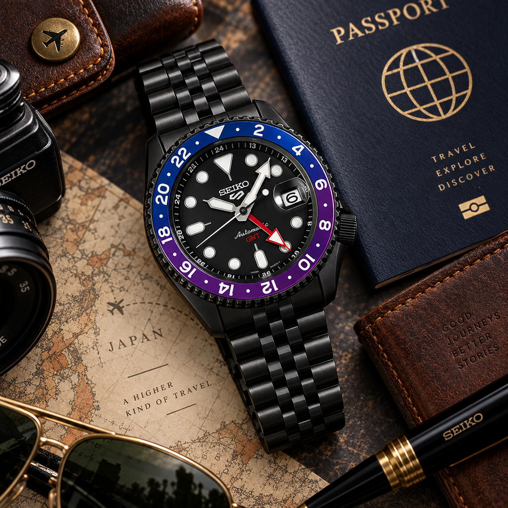 Seiko 5 Sports GMT SSK027K1 Yuto Horigome Limited Edition travel flat lay