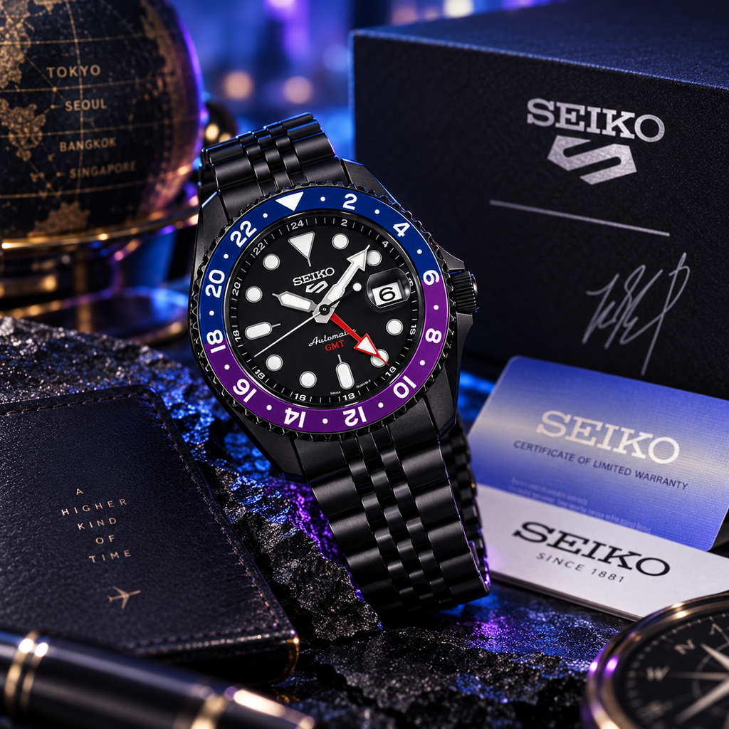 Seiko 5 Sports GMT SSK027K1 blue purple bezel neon night product view